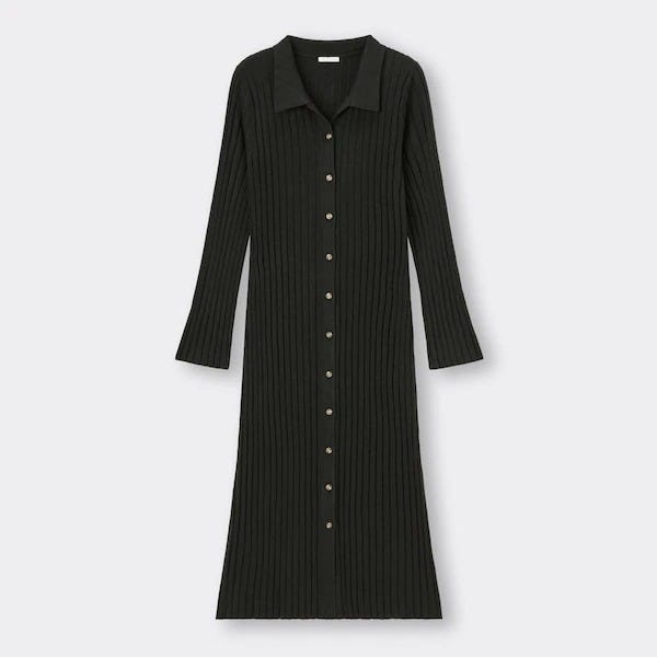 GU　レディース　おすすめ　オススメ　プチプラ　コスパ　高見え　2023　冬　ワンピース　ワンピ　黒ワンピース　黒　ブラック　フロントボタンニットワンピース　ニットワンピース