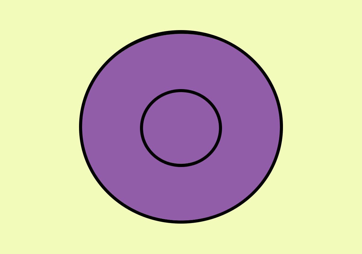 黄緑の背景に紫色で描かれた中央に穴のある円形の図形