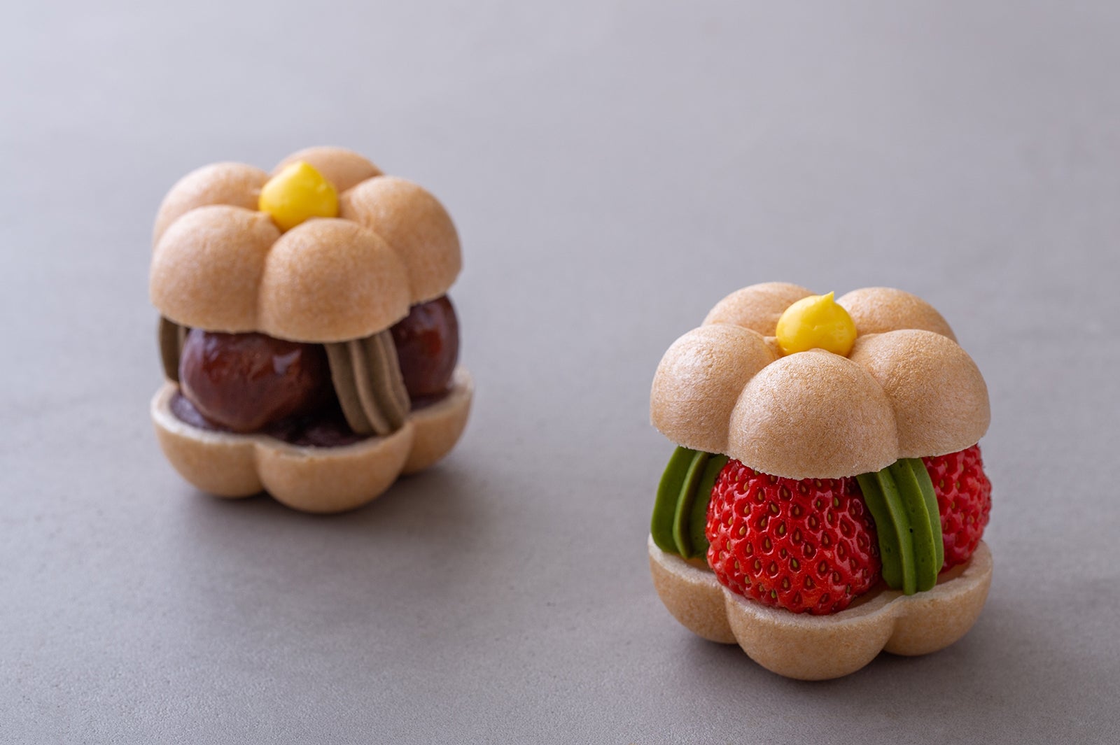 苺フラワー最中、栗ほうじ茶最中　各350円／画像提供：福寿園