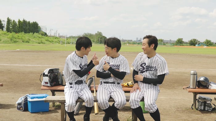 風間俊介、浜野謙太、前野朋哉「ちょっとプラスな3人組/草野球」篇インタビューカット(提供写真)