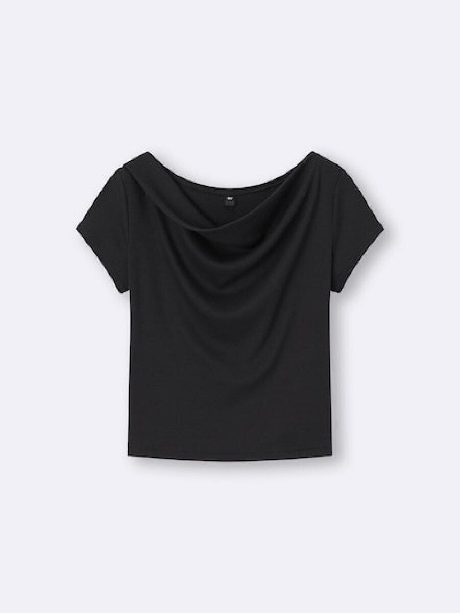 黒いドレープネックTシャツの平置き