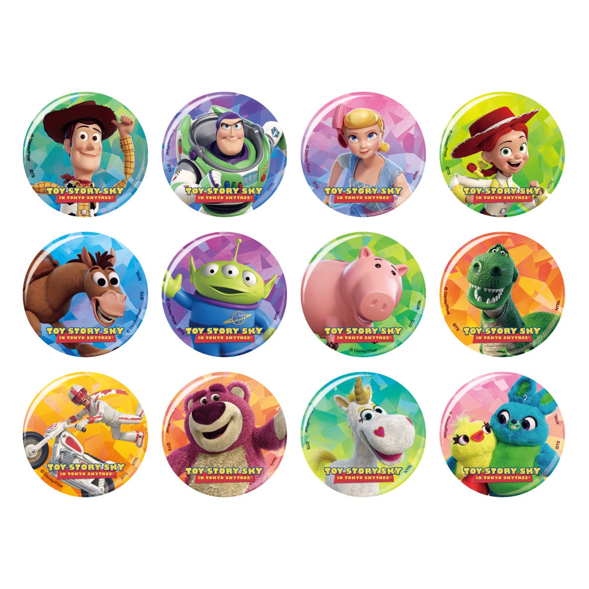 ブラインドホログラム缶バッジ(全12柄）440円※BOX販売なし（C）Disney/Pixar. （C）TOKYO-SKYTREE