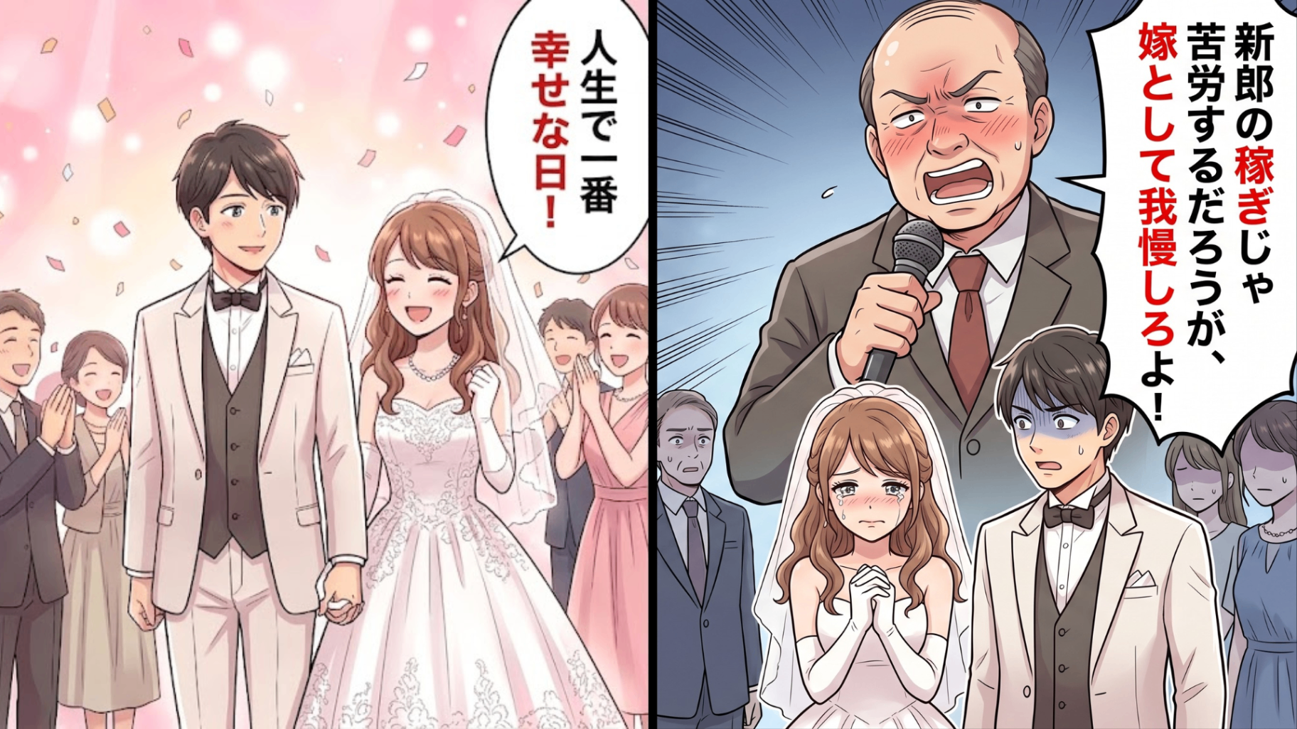 【結婚式】「嫁としてしっかり我慢しろよ」和やかな披露宴中。酔っ払った親戚のおじさんが【とんでもない発言】を...！？