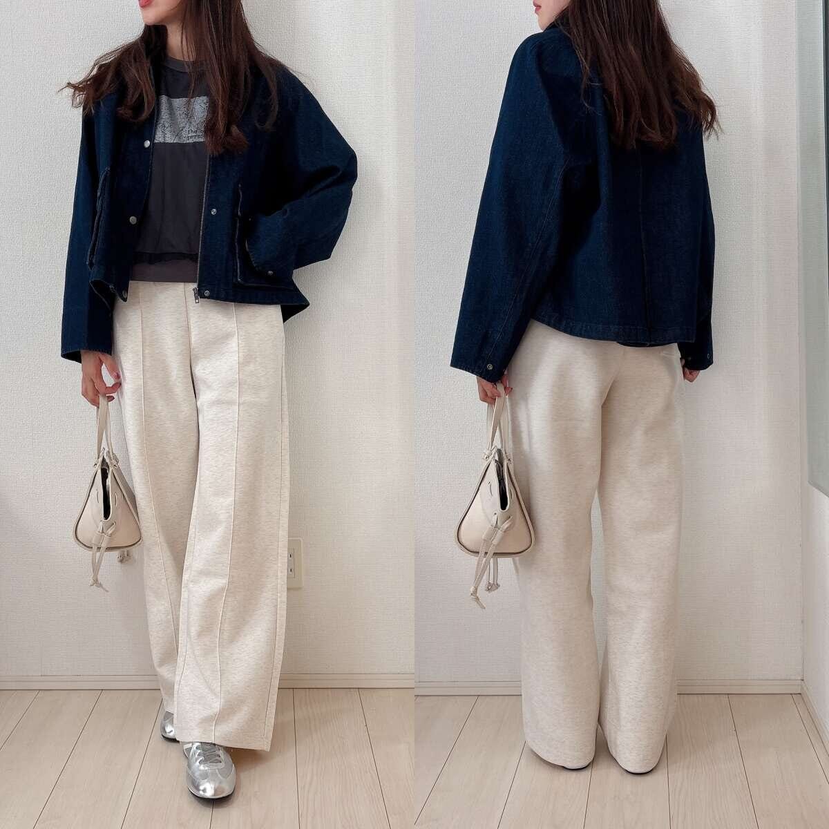ユニクロ　ユーティリティショートジャケットデニム　スウェットパンツナチュラルカラーコーデ