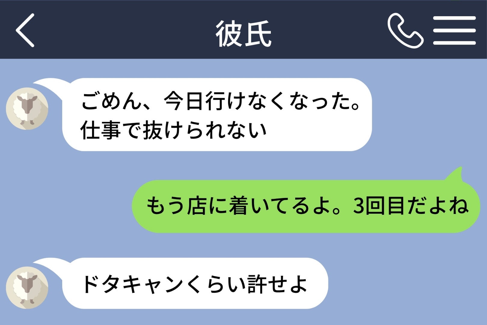 「もう店に着いてるよ。3回目だよね」と送った私に、彼から返ってきたのは「ドタキャンくらい許せよ」でした