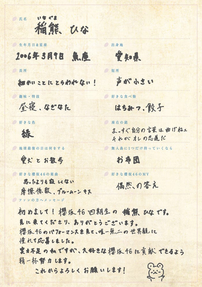 稲熊ひな手書きプロフィール(提供写真)