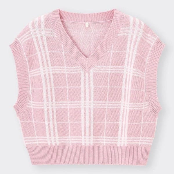 GU　ベスト×スカート　キッズアイテム　春っぽ　最強モテ　EccO　イラスト　GIRLSクロップドチェックニットベスト