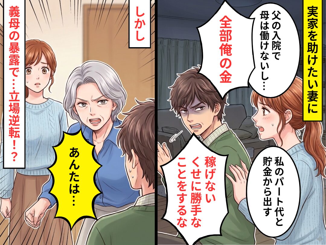 実家を助けたい妻に…夫「稼げないくせに勝手なことをするな」しかし⇒「あんたは…」義母の暴露で【立場逆転】した話