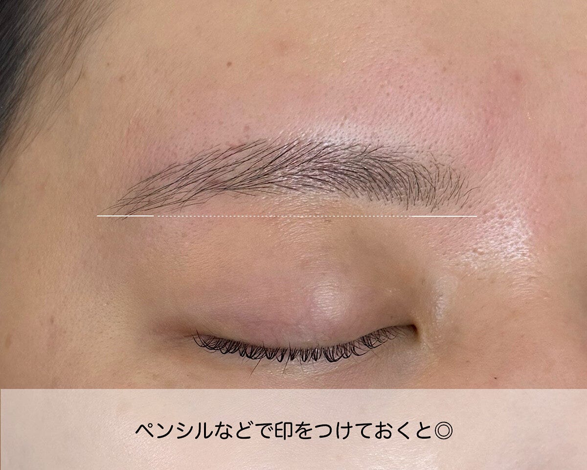 眉頭と眉尻の高さを示す白い点線が引かれた目元 眉頭と眉尻の高さを示す白い点線が引かれた目元