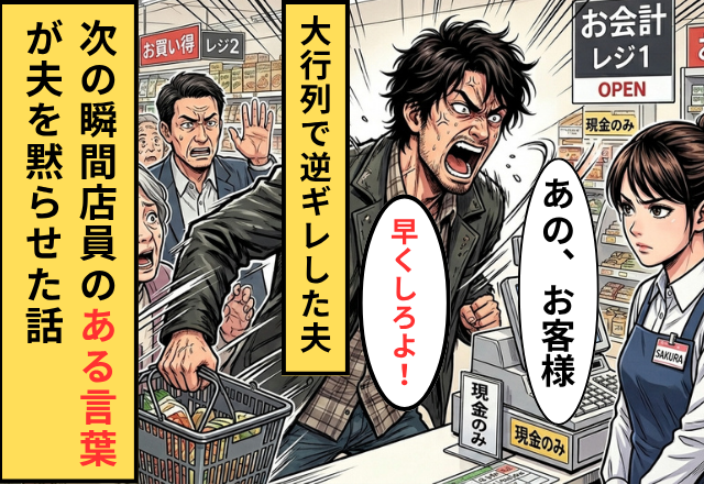 スーパーで…レジの行列にキレて“割り込む”夫！？しかし直後⇒「…お客様」店員の一言で【公開処刑】される羽目に！？