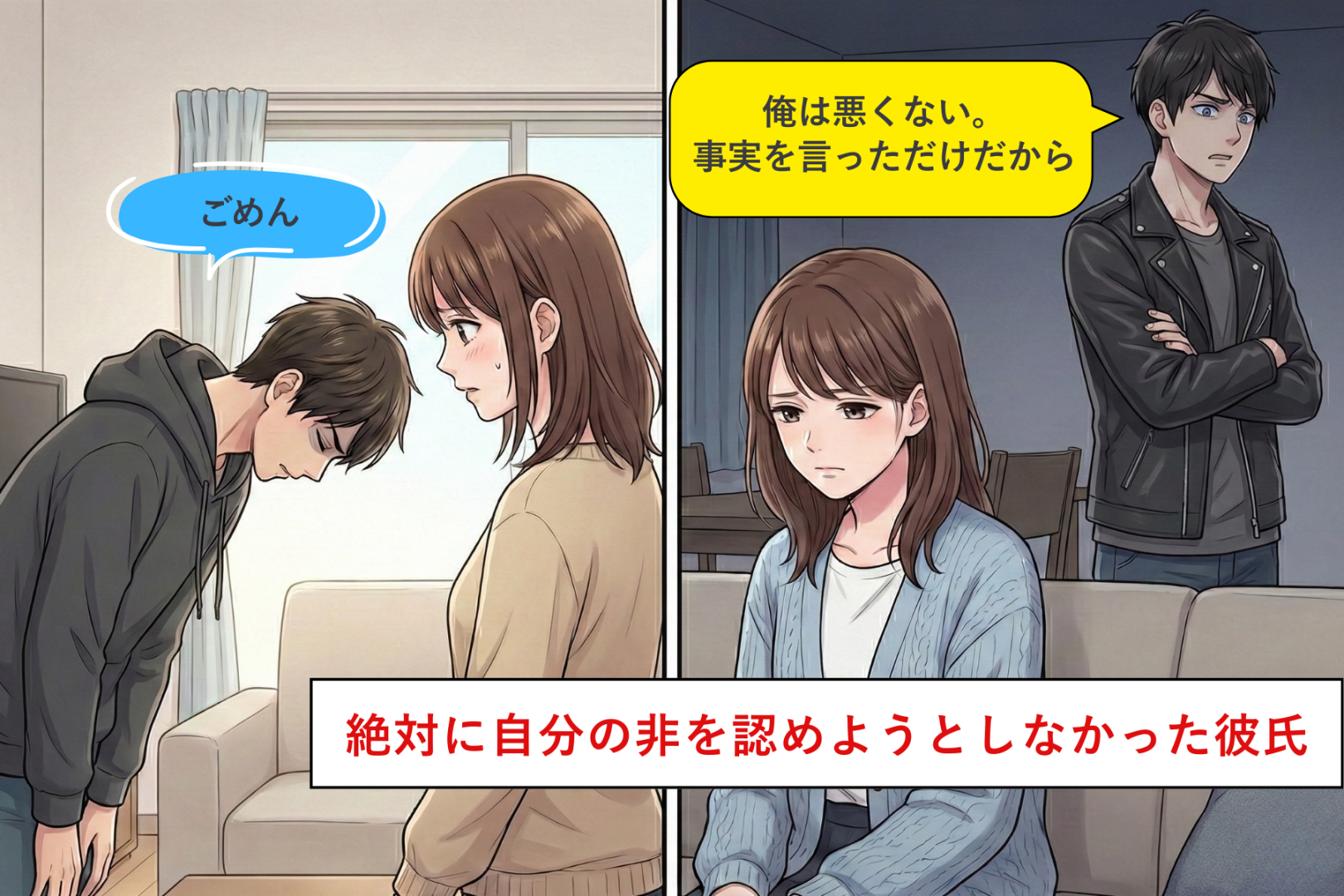 「俺は悪くない」が口癖だった彼氏→初めて「ごめん」と言われて感じた”正直な気持ち