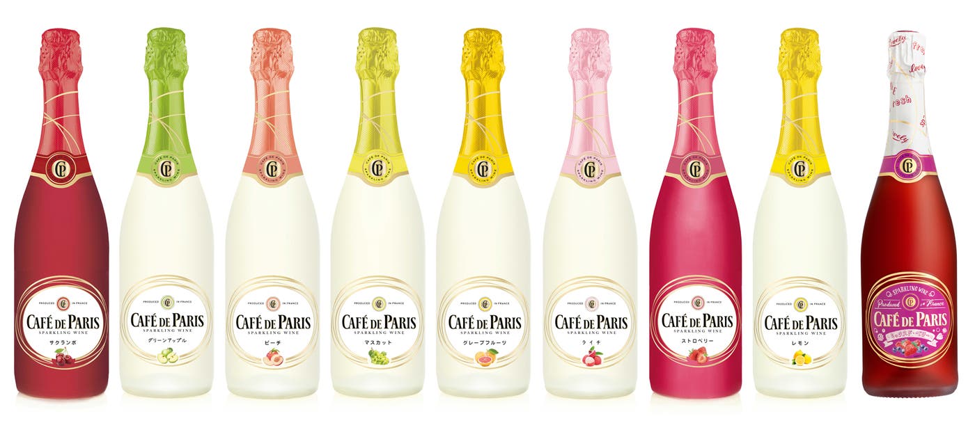 (左から)「サクランボ」「グリーンアップル」「ピーチ」「マスカット」「グレープフルーツ」「ライチ」「ストロベリー」「レモン」、期間限定の「ミックスド・ベリー」