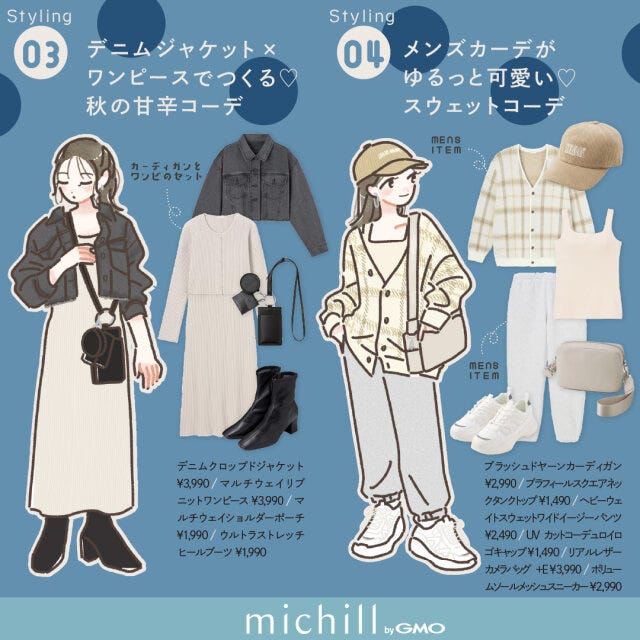 GU 着こなしパターン 秋コーデ 旬見え 6パターン たむ イラスト GU 着こなしパターン 秋コーデ 旬見え 6パターン たむ イラスト ワンピ甘辛コーデ 大人のスウェットコーデ