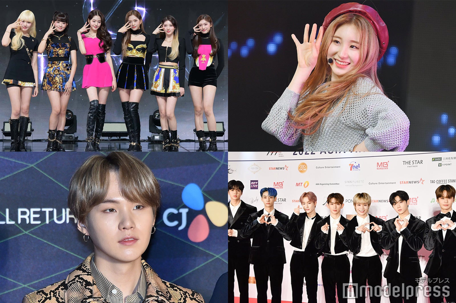 （上段左から時計回り）IVE／Photo by Getty Images、イ・チェヨン、TEMPEST、SUGA（C）モデルプレス
