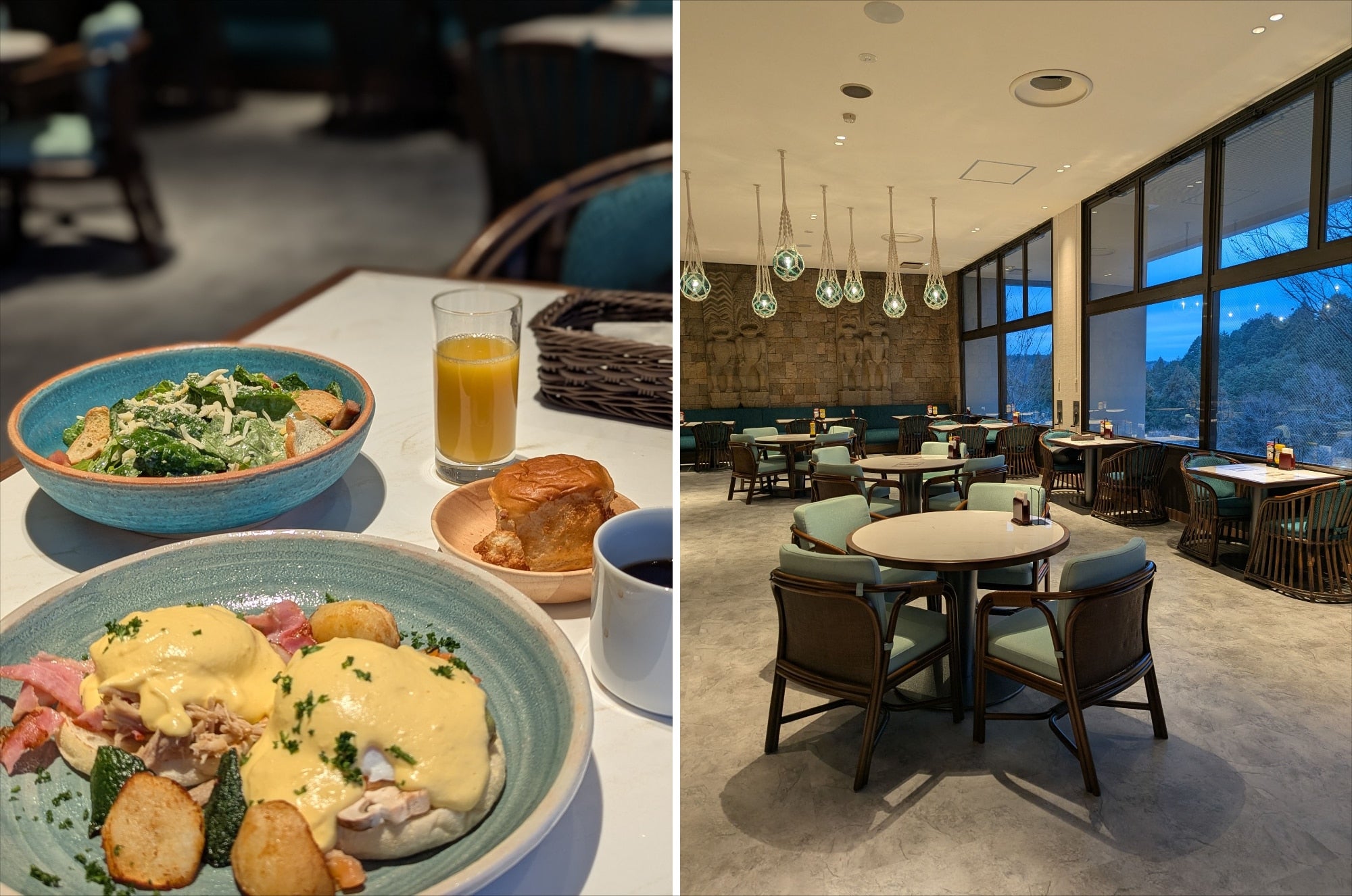 レストランワイキキでは、エッグベネディクトやオムレツ、パンケーキなどからチョイスしてゆっくりと楽しめる朝食メニューを用意。デザートはアサイーボールとあってハワイの雰囲気満載。ロコモコなどを提供するランチやカフェの営業もある