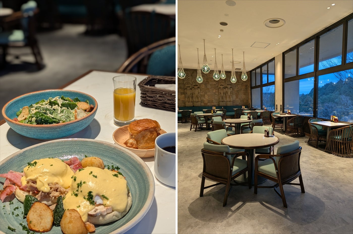 レストランワイキキでは、エッグベネディクトやオムレツ、パンケーキなどからチョイスしてゆっくりと楽しめる朝食メニューを用意。デザートはアサイーボールとあってハワイの雰囲気満載。ロコモコなどを提供するランチやカフェの営業もある