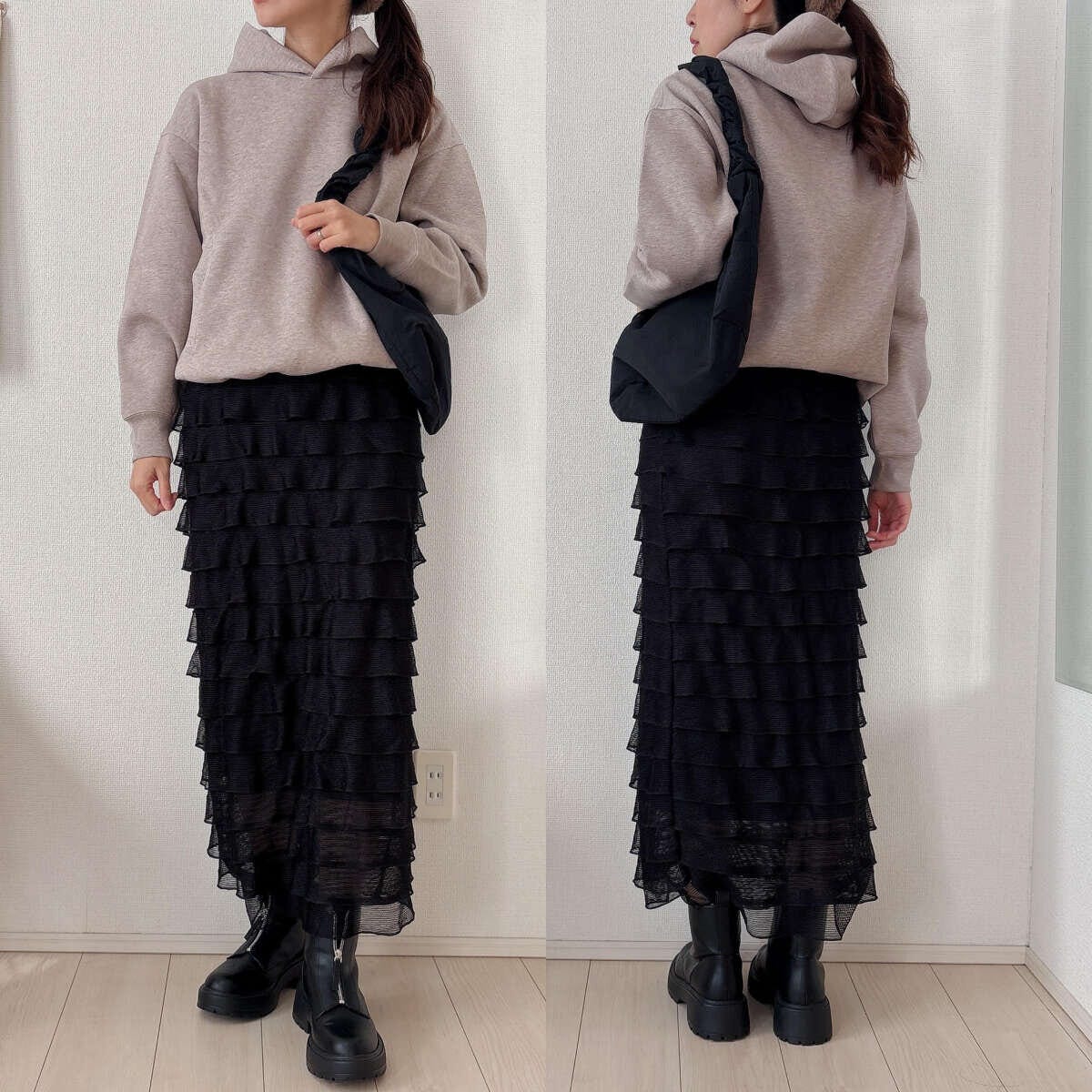 ユニクロスウェットオーバーサイズプルパーカのフリルスカートコーデ