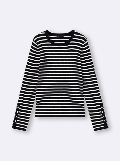 GUのリブニットボーダーボタンスリーブプルオーバー