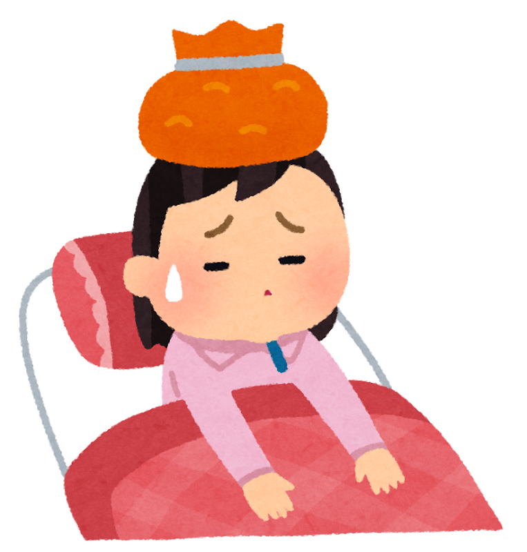 病気で熱を冷やしている人のイラスト