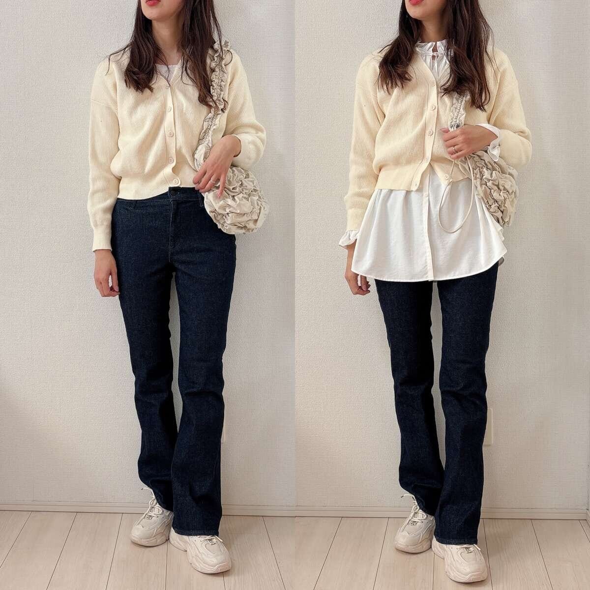GUフリルネックチュニックとフレアデニムコーデ