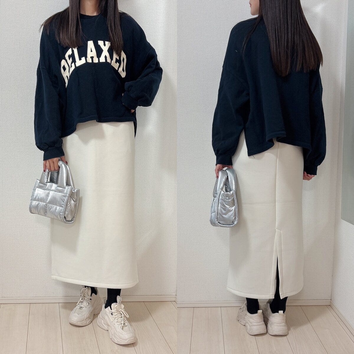 GUパフスウェットナロースカートとロゴスウェットコーデ