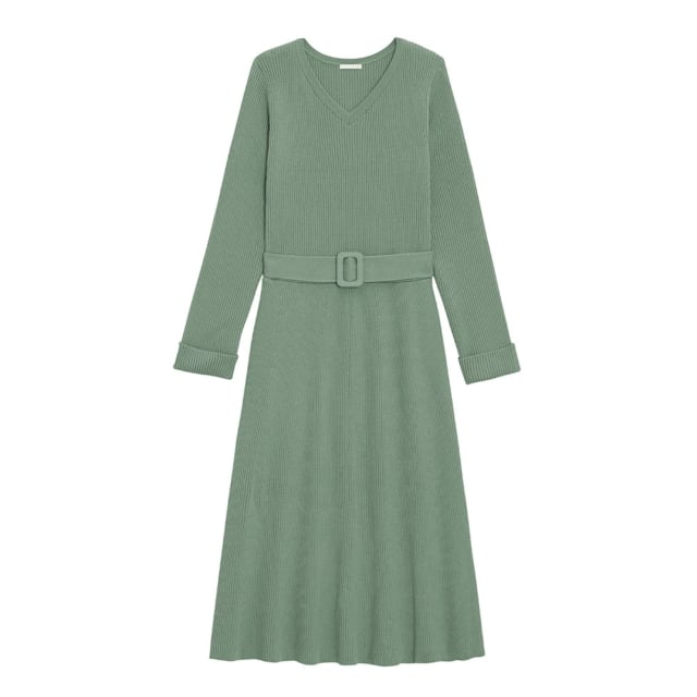 くすみグリーンのリブニットワンピ