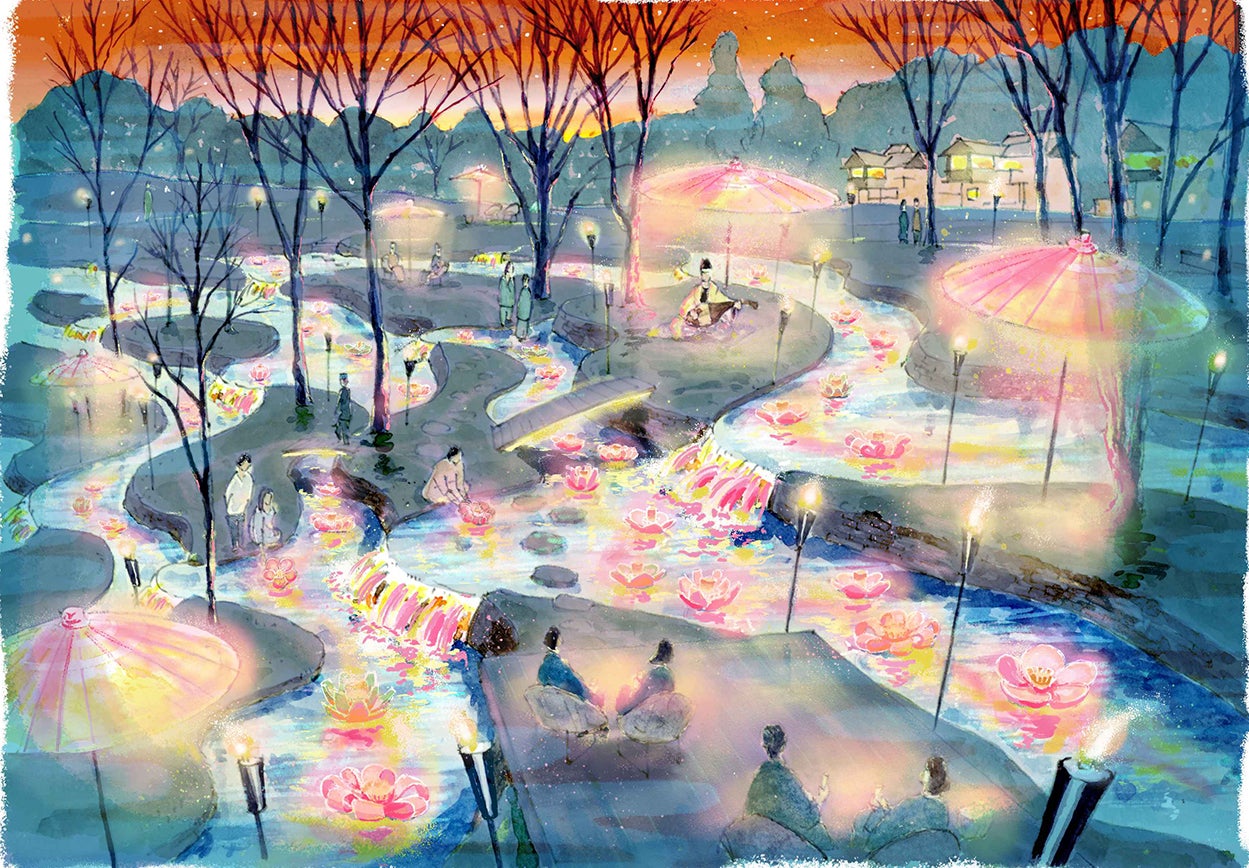 星のや軽井沢「軽井沢 花の宴」淡く春色に染まる棚田が幻想的