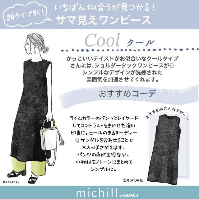 顔タイプ別　サマ見えワンピース　夏コーデ　EccO　イラスト　クールさん