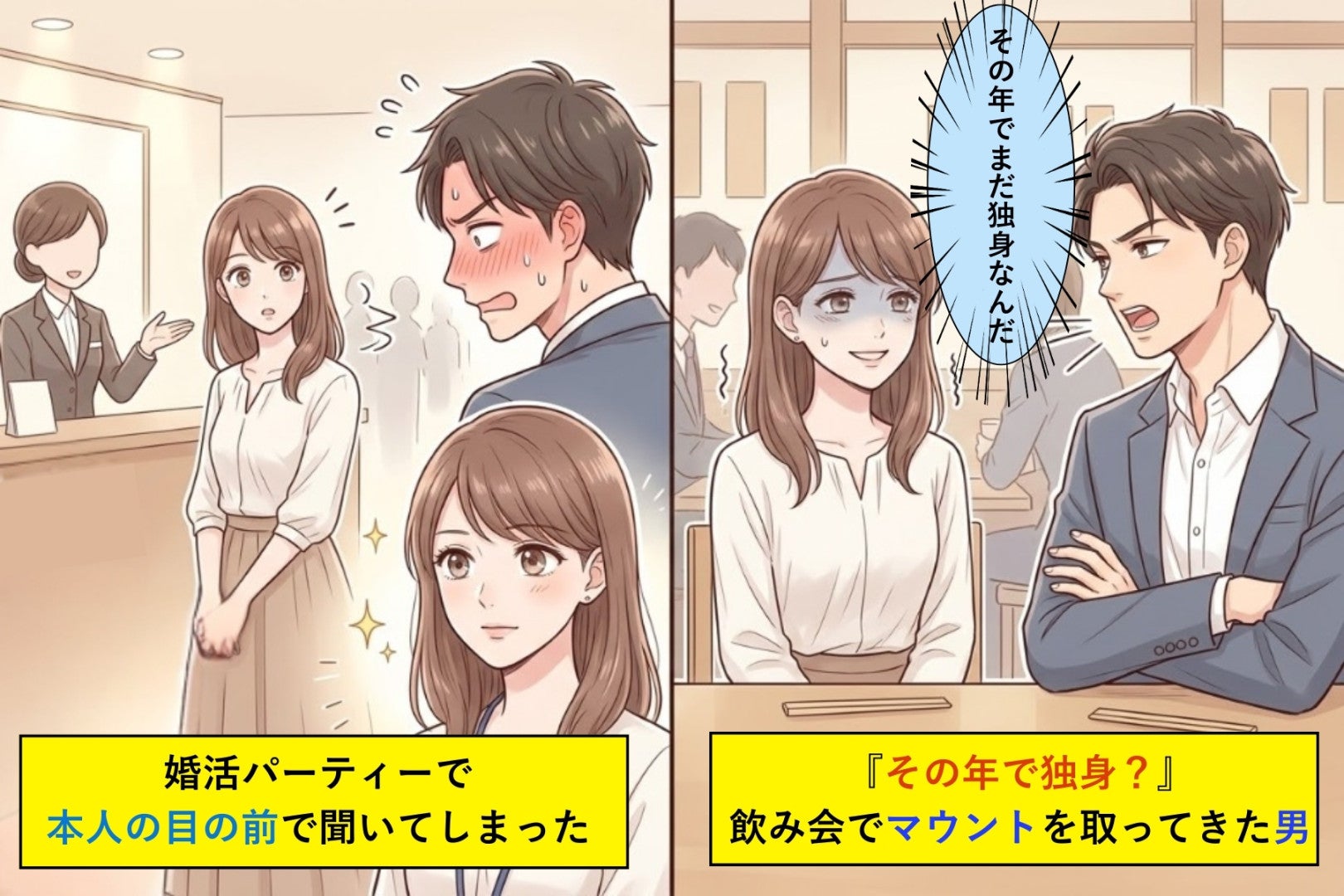 『その年で独身？』と飲み会でマウントを取ってきた男→婚活パーティーで"今月3回目の常連"と呼ばれているのを本人の目の前で聞いてしまった