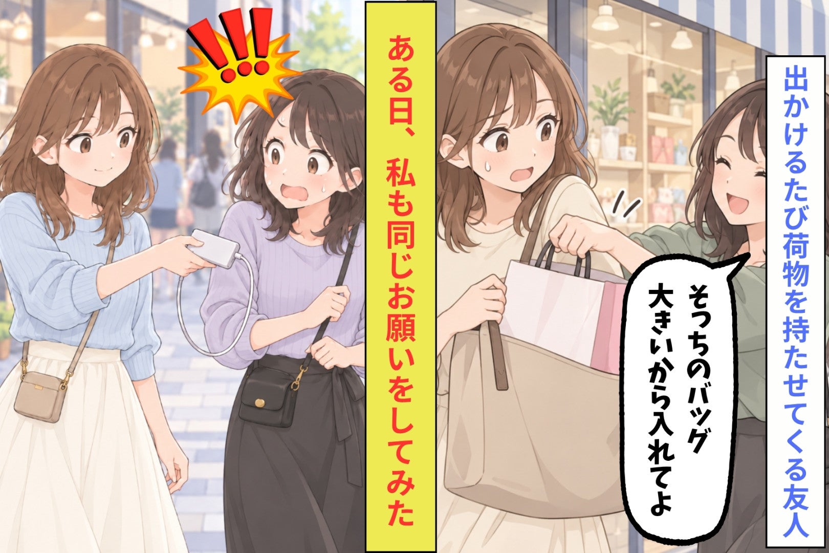 「そっちのバッグ大きいから入れてよ」出かけるたび私に荷物を持たせる友人→ある日、私も同じお願いをしてみると…