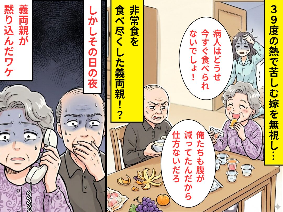 【39℃】の嫁を無視し“非常食”を食い尽くす義両親！？しかしその日の夜⇒【1本の電話】に黙り込んだワケ