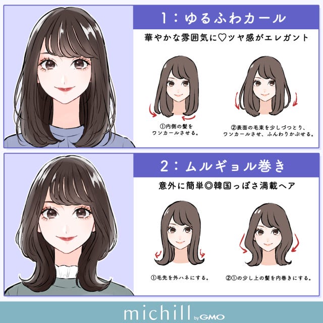 垢抜け　巻き髪　今っぽ見え　8style　あおいみのこ　イラスト　ゆるふわカール　ムルギョル巻き