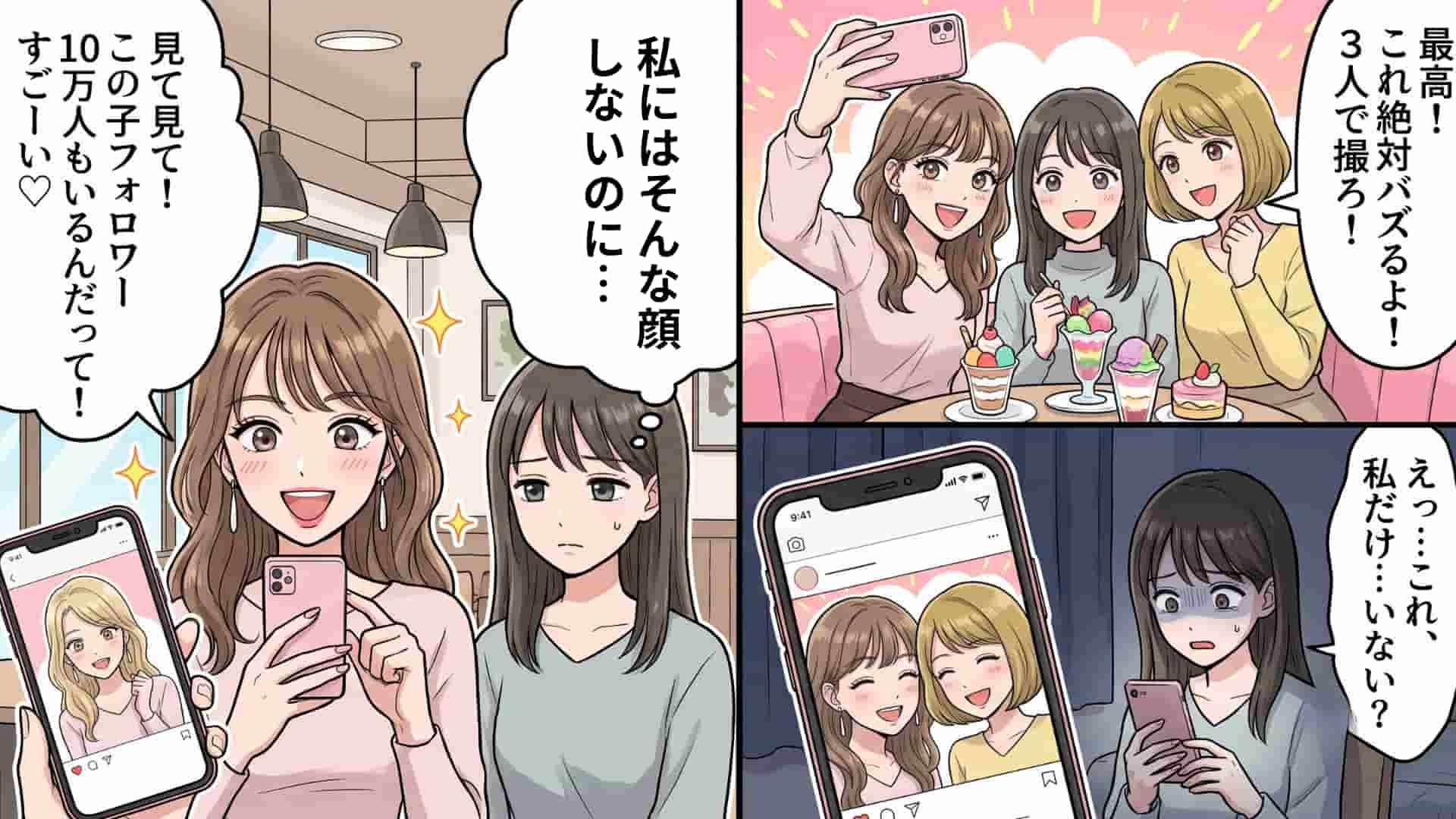 【最後にスカッと！】3人で撮ったのに、私だけいない！？友だちがSNSに『恐ろしい投稿』をしていてドン引き...！
