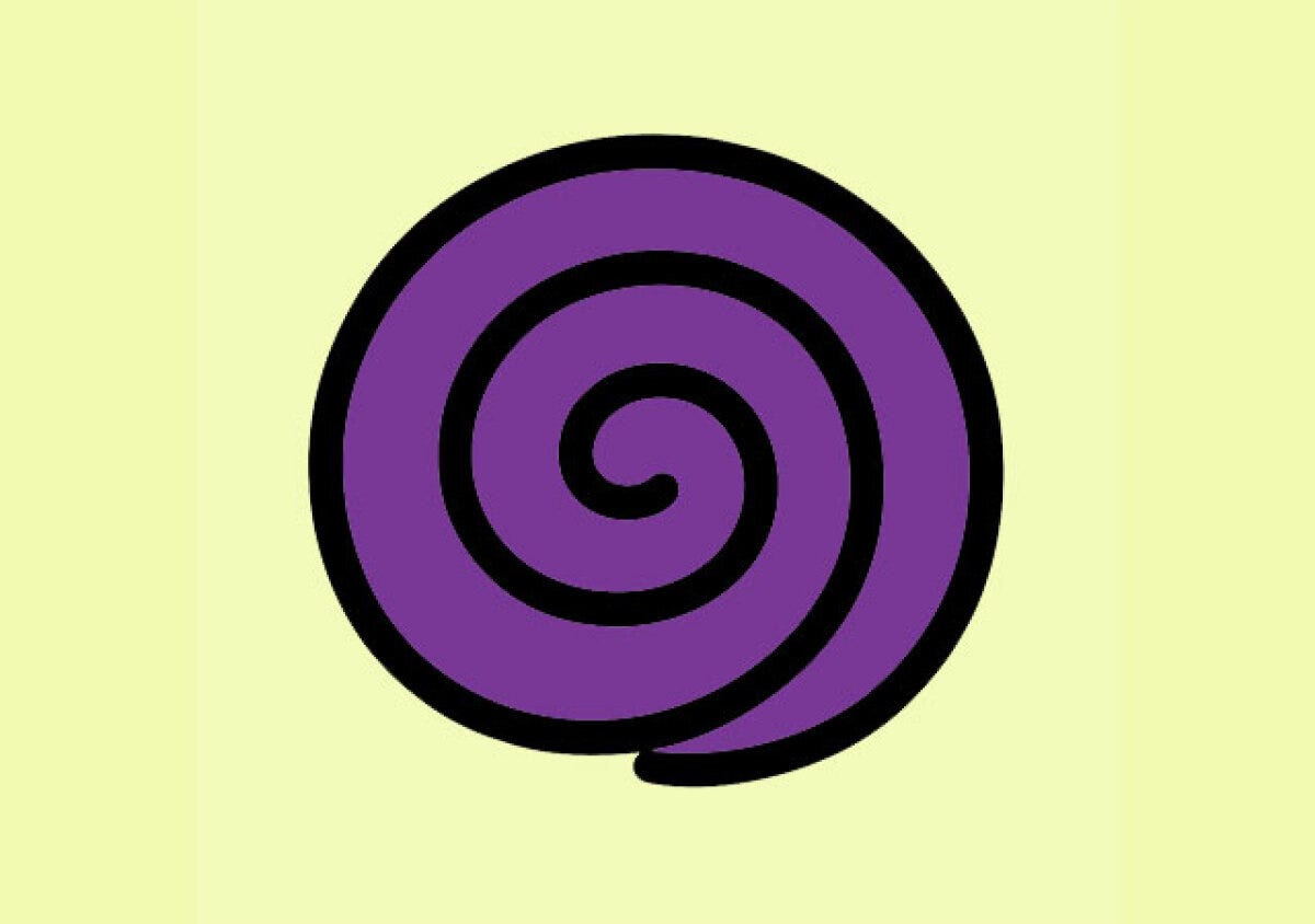 黄緑の背景に紫色で描かれた渦巻き模様の図形