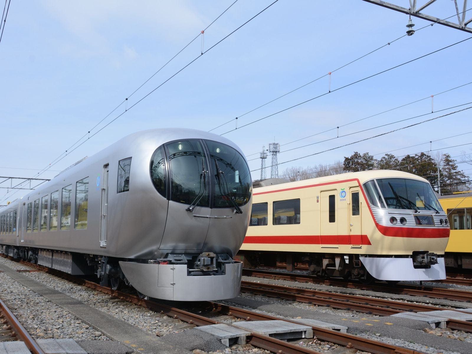 西武特急の変遷、ラビュー(左)と5000系塗装を施した10000系ニューレッドアロー(右)