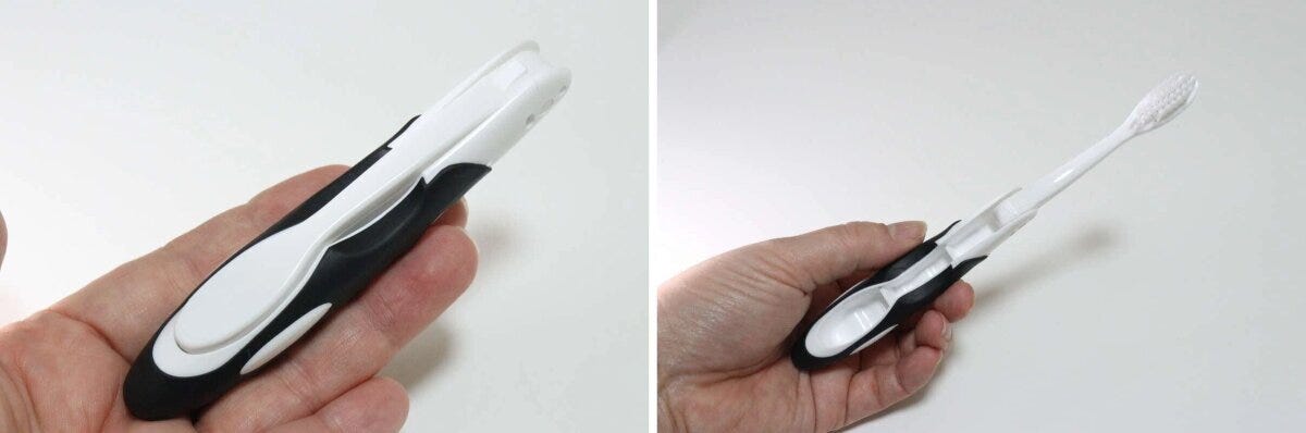 折りたたみ歯ブラシの収納時と使用時を左右に並べた写真 折りたたみ歯ブラシの収納時と使用時を左右に並べた写真
