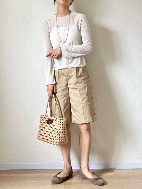 無印良品　ストレッチチノハーフパンツ　シアーシャツ　コーデ