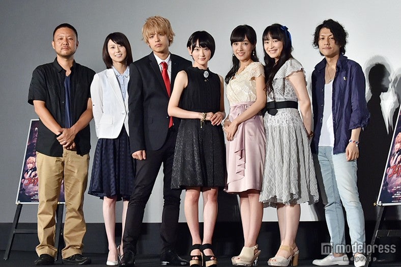 映画『コープスパーティー』完成披露舞台挨拶／左から：山田雅史監督、小坂温子、JUN（BEE SHUFFLE）、生駒里奈、前田希美、今井麻美、祁答院慎