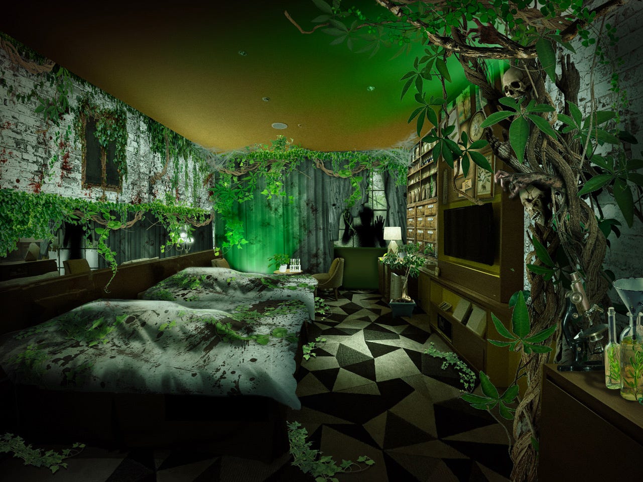 USJ公式ホテルの謎解きホラールーム、新作は“植物蔓延る研究室”不気味な室内で謎を解明