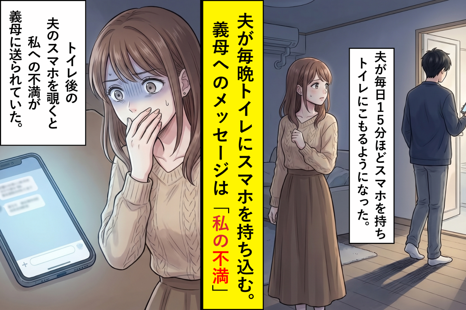 夫が毎晩トイレにスマホを持ち込む→ある夜覗いた画面に並んでいたのは、義母に送る「不満メッセージ」だった
