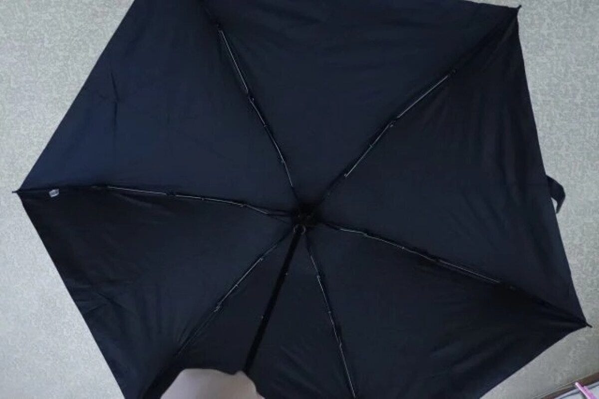 開いた黒い折りたたみ傘の内側を下から見上げた様子