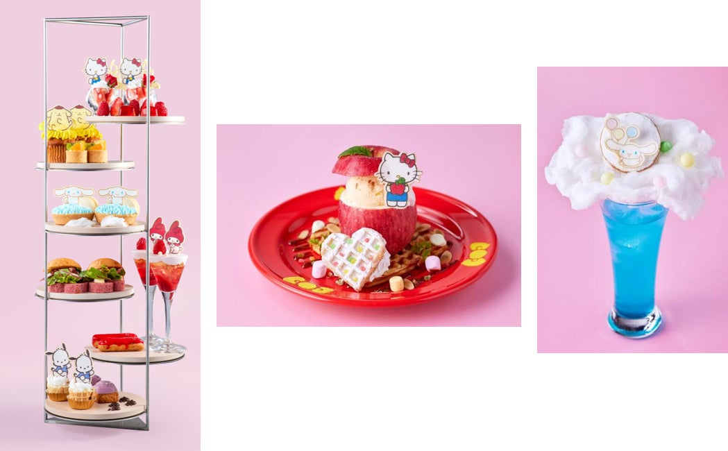 左・【レストランのメニュー】Anniversaryアフタヌーンティー 中・【カフェのメニュー】ハローキティ大好き　焼きりんごのミルフィーユ 右・【カフェのメニュー】シナモロールの風船旅行（提供画像）
