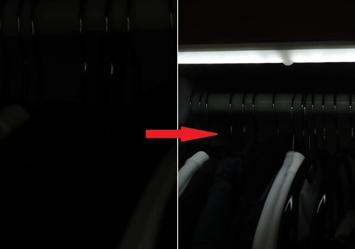 暗いクローゼットがLEDバーライトで明るく照らされた比較