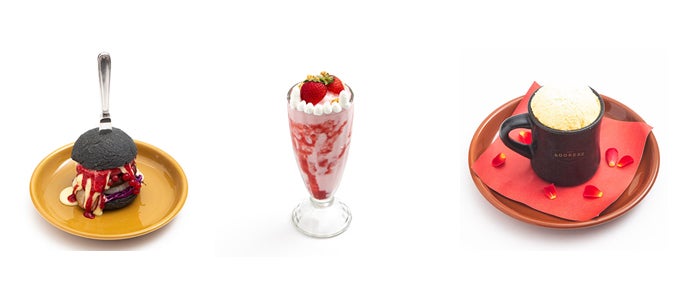 ダイナーバーガー1,650円、菊千代のがるるるるるるスムージー800円、完璧じゃないスフレ風ミニパフェ1,080円 (提供画像)