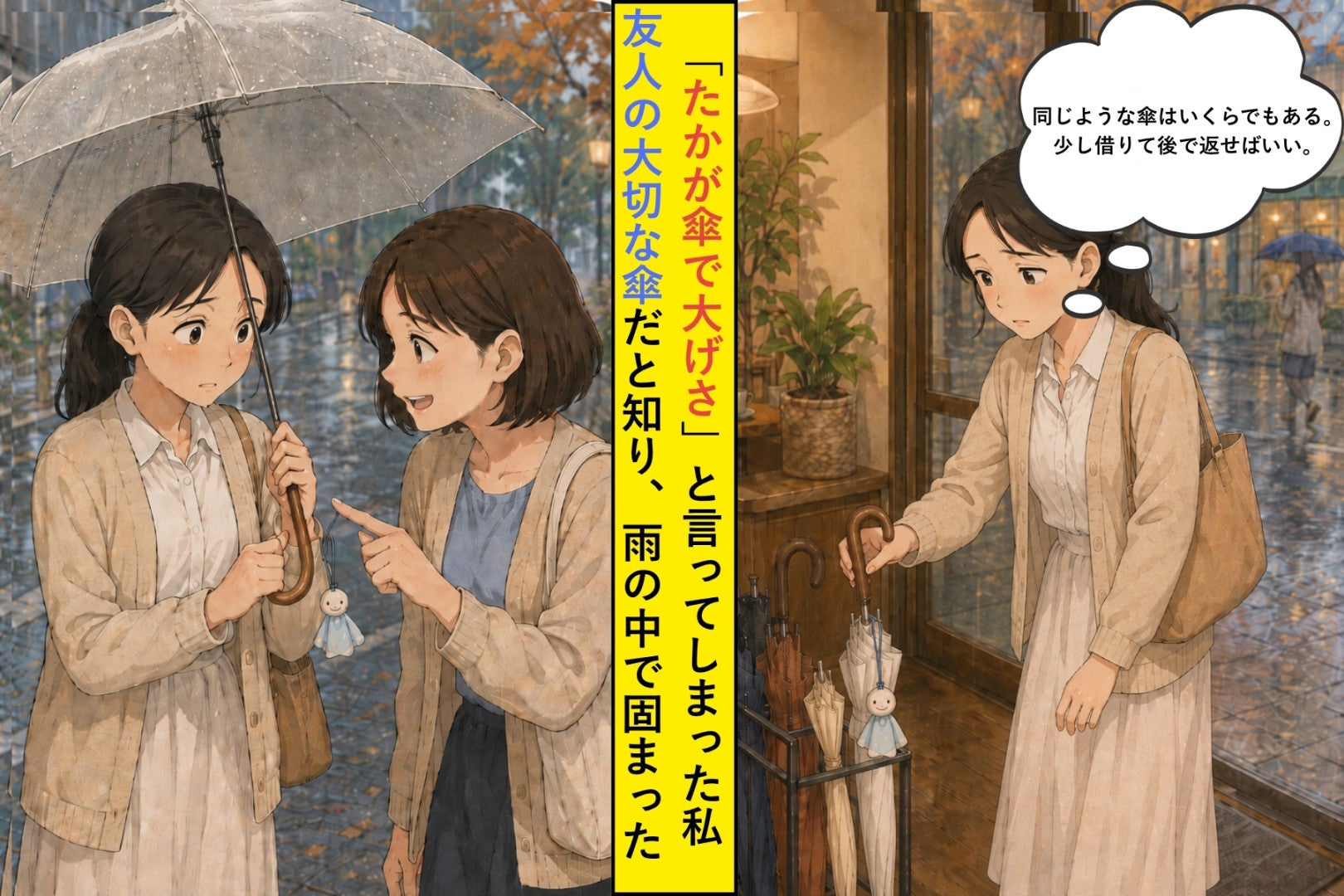 「たかが傘で大げさ」と言ってしまった私→友人の大切な傘だと知り、雨の中で固まった