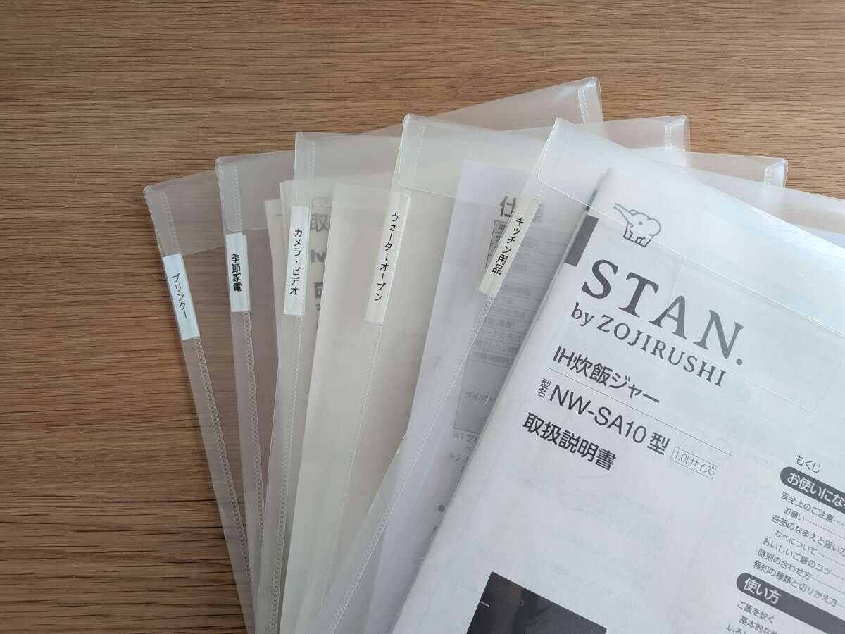 クリアファイルにラベルを付けてカテゴリー別に分類された家電の取扱説明書が並んだ写真