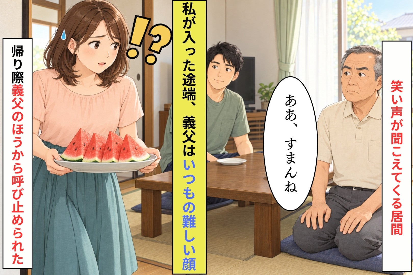 夫とは笑うのに、私の前では難しい顔の義父。帰り際の玄関で呼び止められて「あのな」