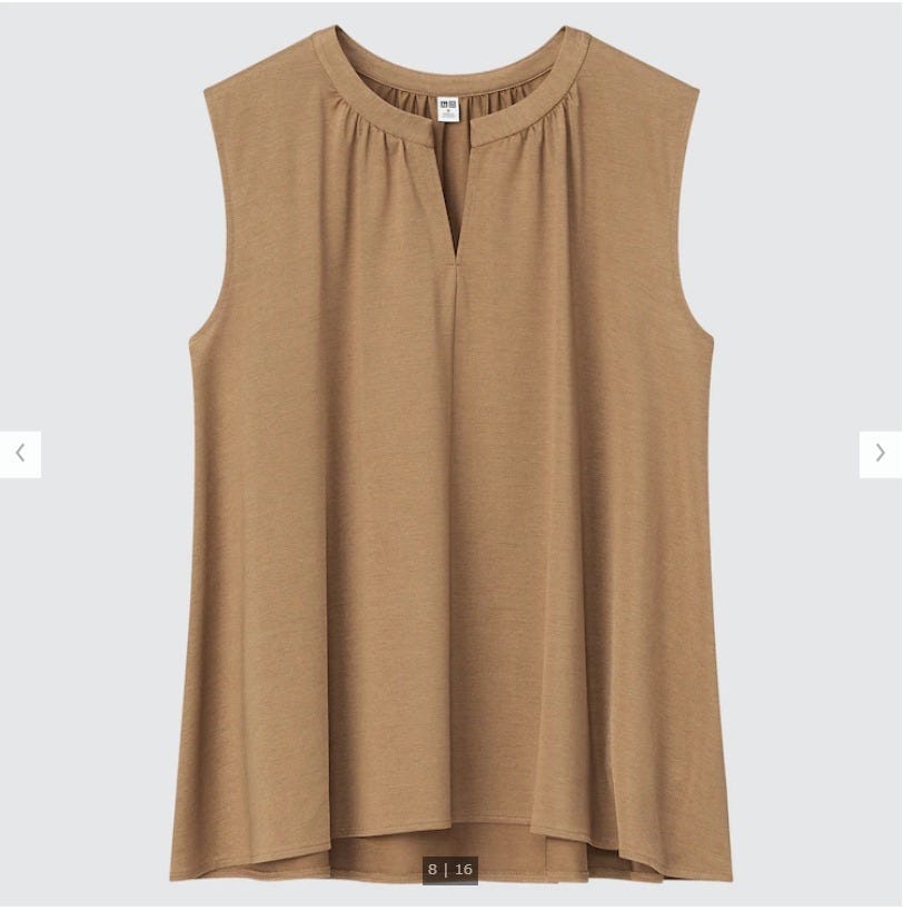 ユニクロ　uniqlo　レディース　アイテム　おすすめ　オススメ　トレンド　人気　コスパ　使える　おしゃれ　お洒落　オシャレ　2022　夏　トップス　ノースリーブ　きれいめ　ブラウン　サテンジャージーT