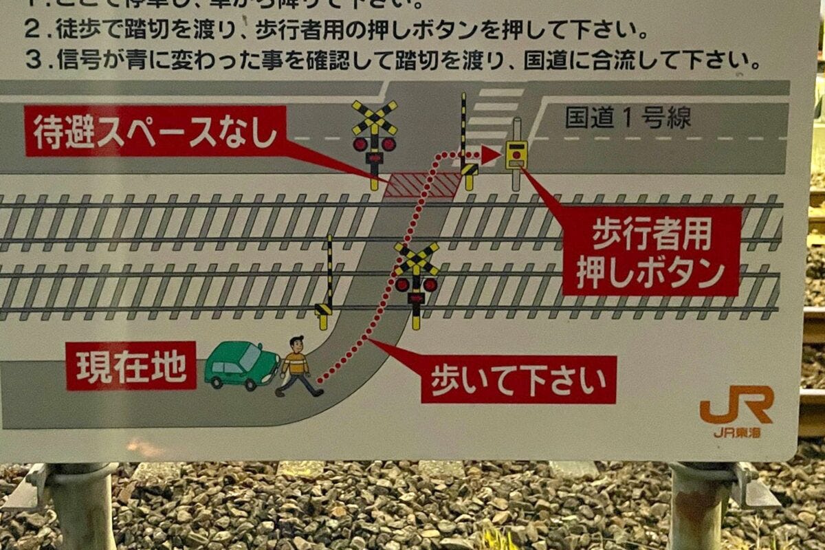 西倉沢交差点・踏切の看板
