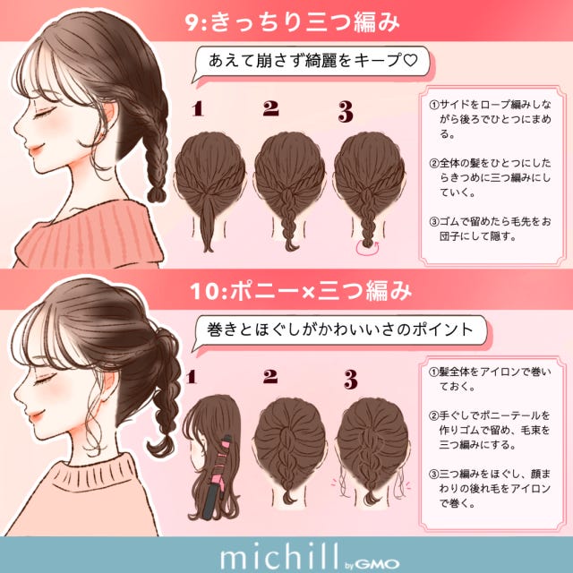 今っぽ見え　垢抜けヘアアレンジ　冬ファッション　kyoko.　イラスト　きっちり三つ編み　ポニー×三つ編み